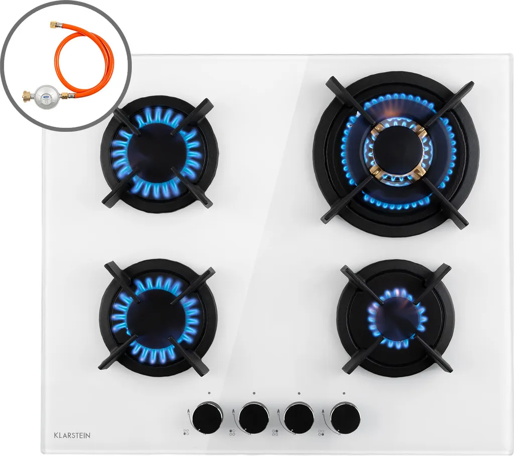 Klarstein Gas Stove, 4-Burner Gas Cooktop, Built-in Gas Cooker for Home & Motorhome, Camping Stove with Glass Plate, Gas Stove for Propane and Natural Gas, Stainless Steel Gas Cooktop with Wok Burner, 8000 Watts
