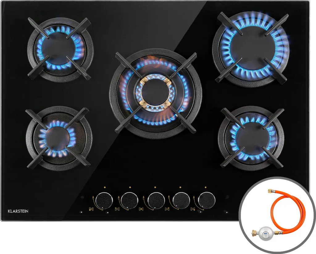 Klarstein gas stove, 5-burner gas cooktop, built-in gas stove for home & campervan, camping stove with glass plate, gas stove for propane and natural gas, stainless steel gas cooktop with wok burner, 10400 watts