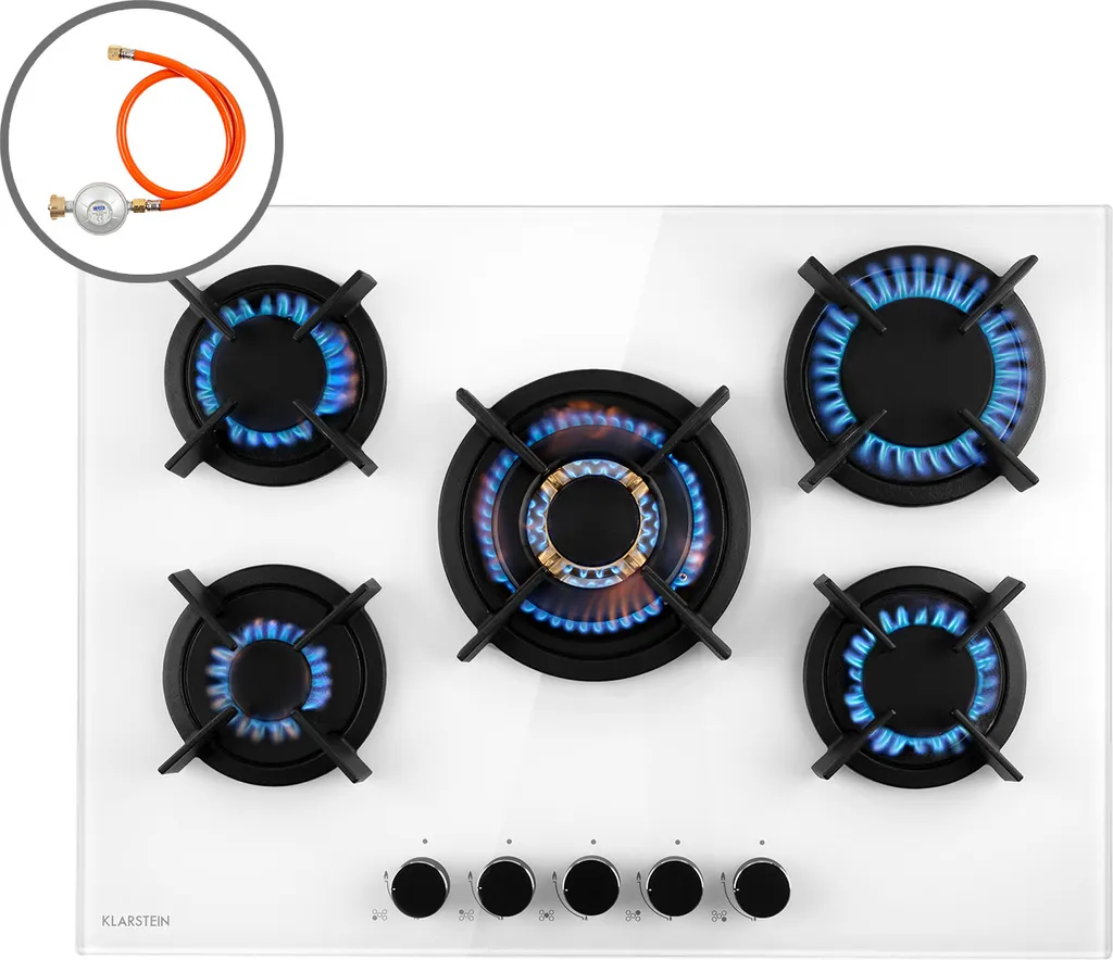 Klarstein gas stove, 5-burner gas cooktop, built-in gas stove for home & campervan, camping stove with glass plate, gas stove for propane and natural gas, stainless steel gas cooktop with wok burner, 10400 watts