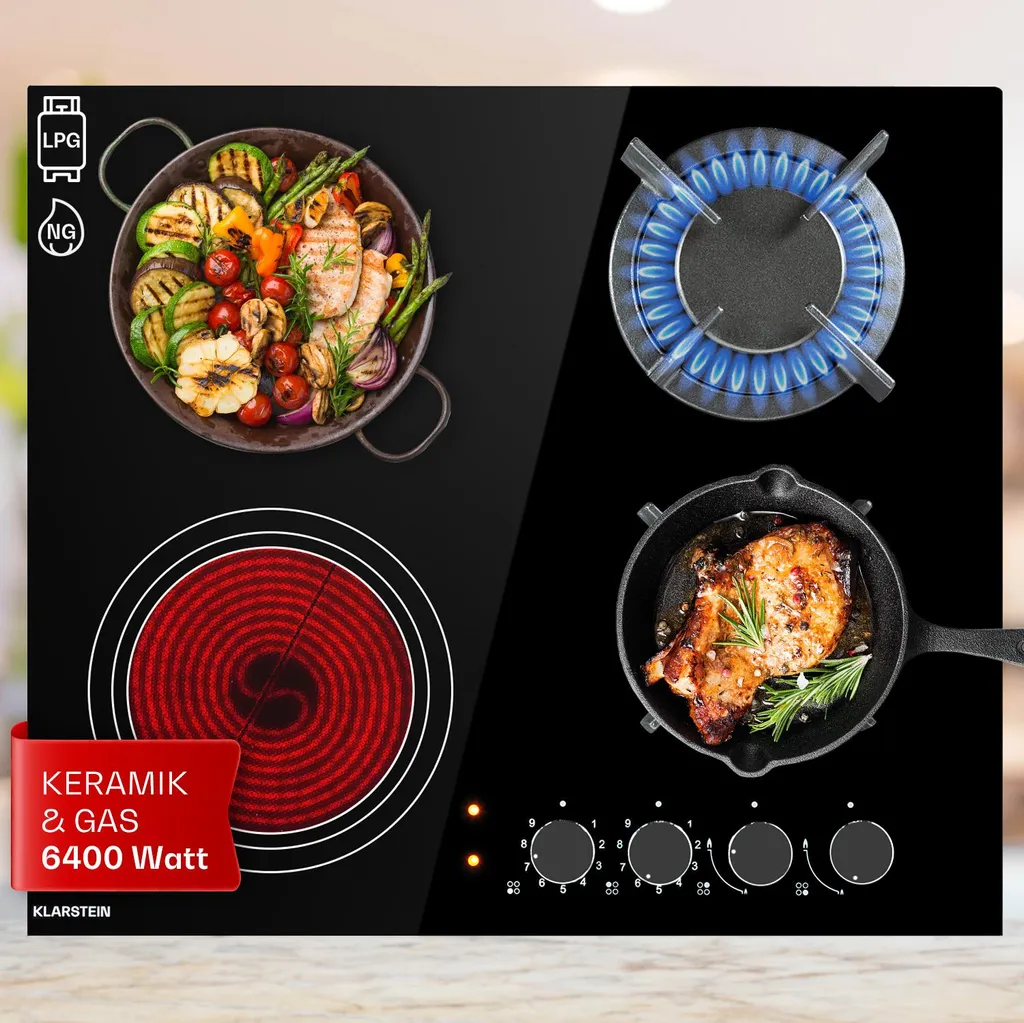 Klarstein 2-burner gas cooker with 2 glass ceramic hobs, 6.4 kW built-in gas cooker for indoor use, stainless steel gas cooker for motorhomes, 2-burner gas cooker, modern built-in gas stove, gas cooker