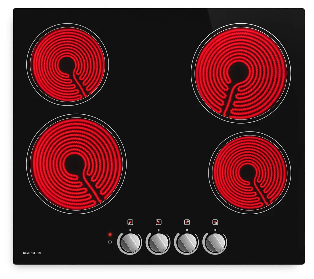 Klarstein 4-burner glass ceramic hob – 60 cm glass ceramic hob, 5800 W, 4 cooking zones, rotary knobs, residual heat indicator & child lock, built-in hob, self-sufficient, easy to clean