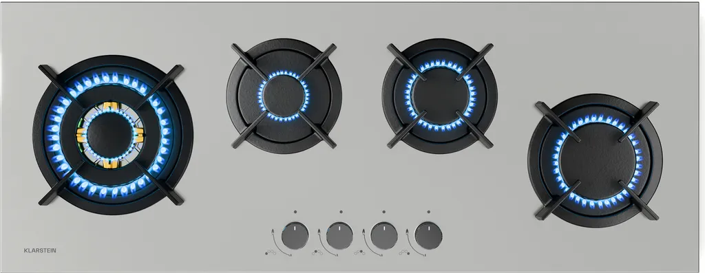 Klarstein Goldflame 4 Slim gas hob, 4 brass burners, 3.4kW, 2.4kW, 1.8kW, 1kW, SnapJet ignition, flame failure protection, gas stove with cast iron crossbars, stainless steel, incl. hose & pressure regulator