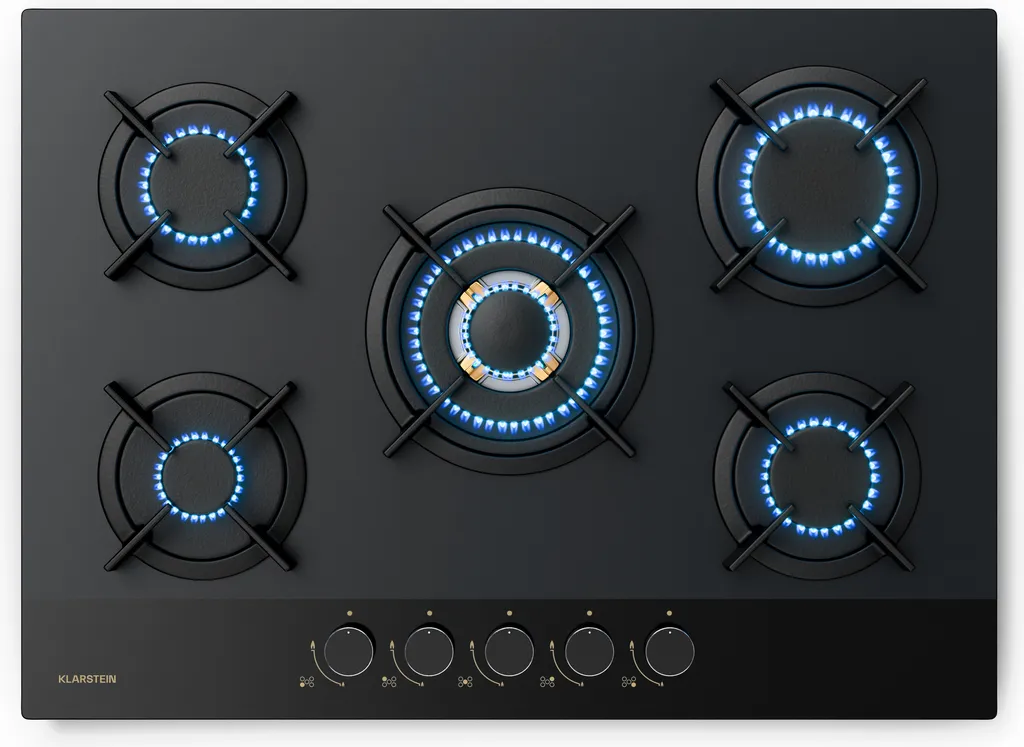 Klarstein Goldflame Nano gas hob, 70 cm, 5 brass burners, 10.4 kW, wok burner, nano-coated glass, flame failure protection, automatic ignition, convertible for NG/LPG, black metal knobs