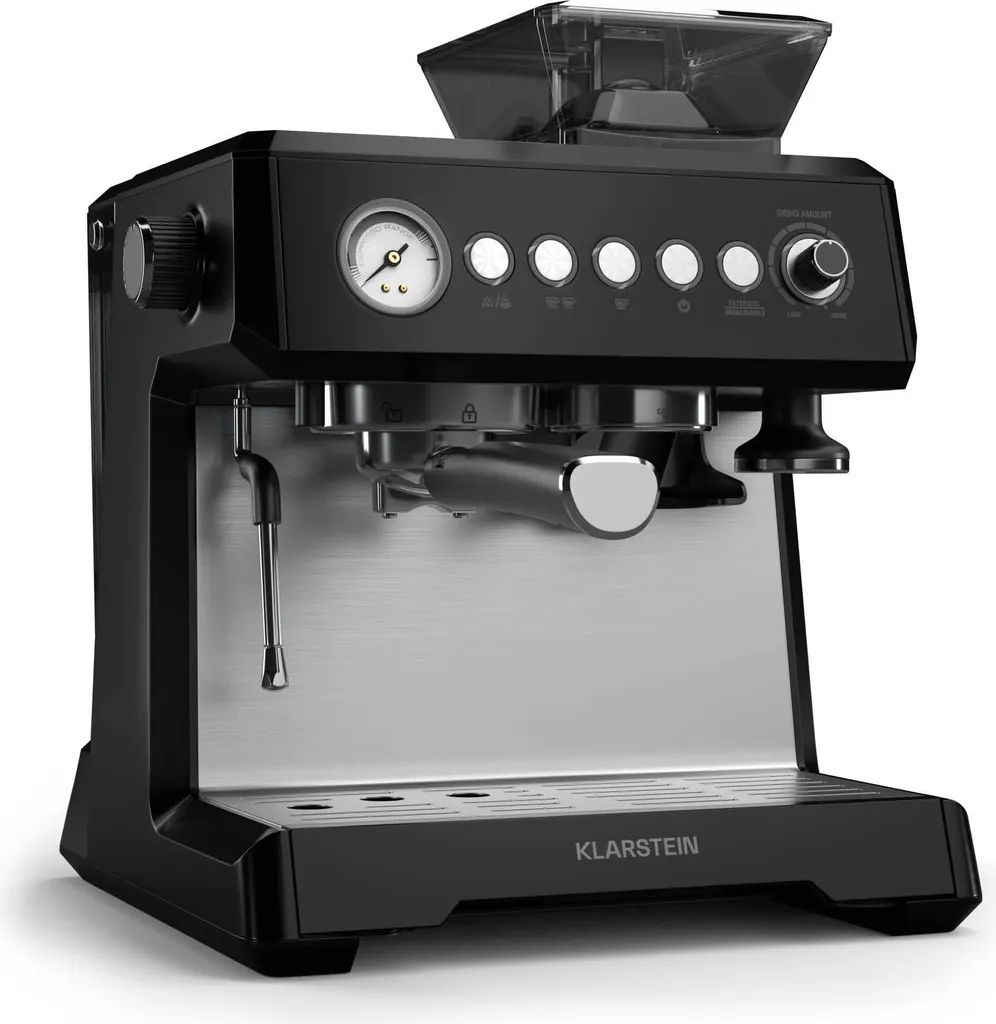 Klarstein GrandPresso Espresso Machine with Grinder – 20 Bar, 1350 W, Integrated Precision Grinder, Steam Nozzle, 2.3 L Water Tank, Black, Cup Warmer