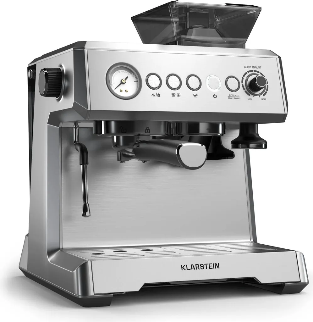 Klarstein GrandPresso espresso machine with grinder – 20 bar, 1350 W, integrated precision grinder, steam nozzle, 2.3 l water tank, cup warmer