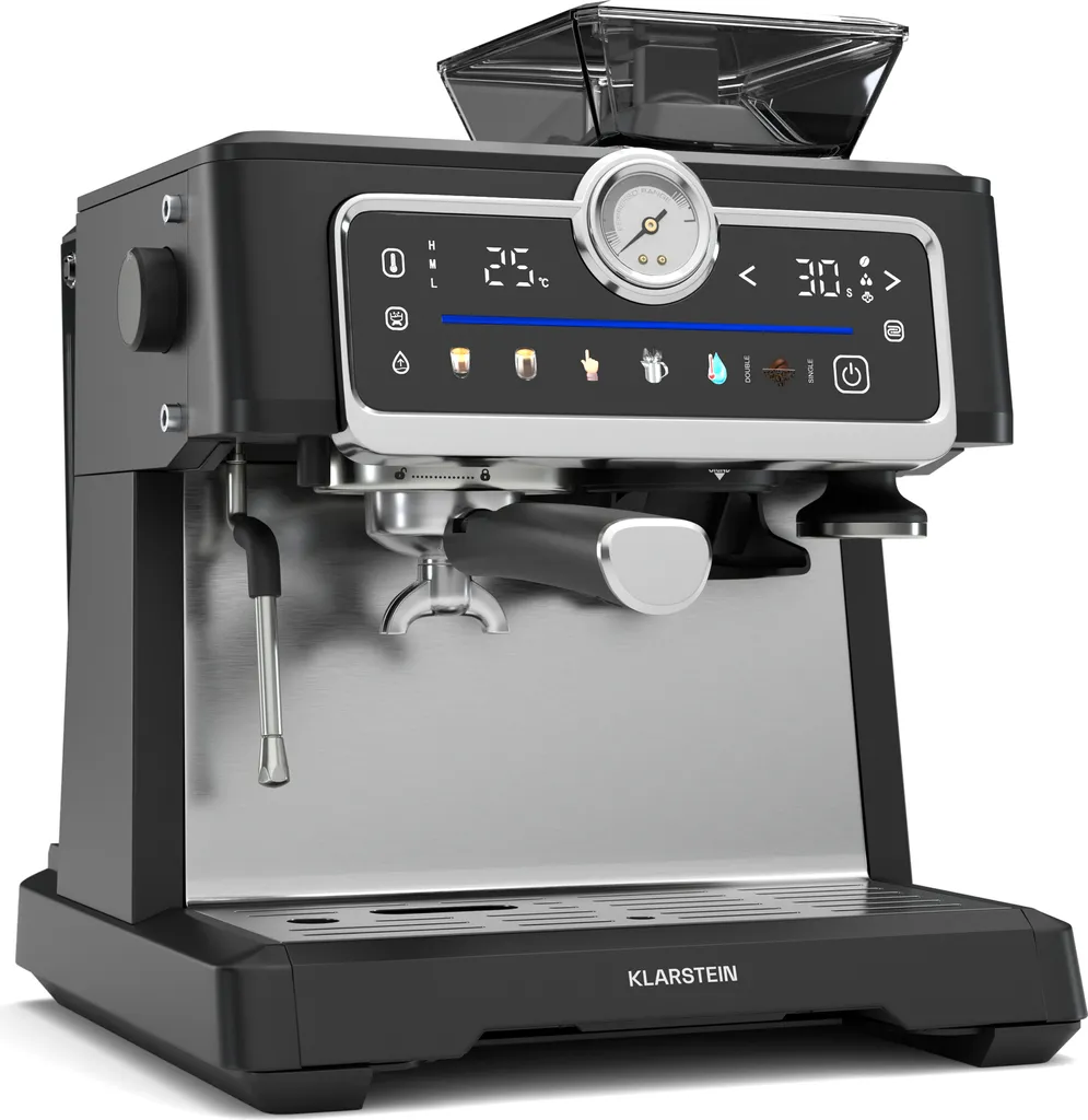 Klarstein GrandPresso Touch Espresso Machine with Grinder – 20-bar, 1350 W, Integrated Precision Grinder, Touchscreen, 2.3 L Water Tank, Steam Nozzle, Stainless Steel, Black
