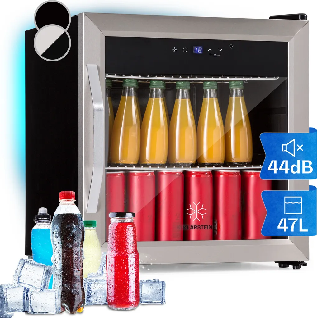 Klarstein refrigerator, beverage cooler with glass door, silent mini-fridge with 2 shelves & app control, outdoor refrigerator, small refrigerator for rooms, minibar 0-13°C, beer cooler 50 L