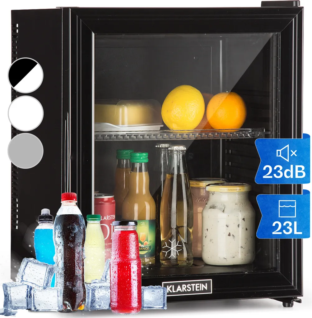 Klarstein Mini Refrigerator with Glass Door, Mini Fridge for Drinks, Snacks & Cosmetics, Small & Quiet Refrigerator, Adjustable Shelves, Small Skincare Refrigerator 12-18°C, 23L