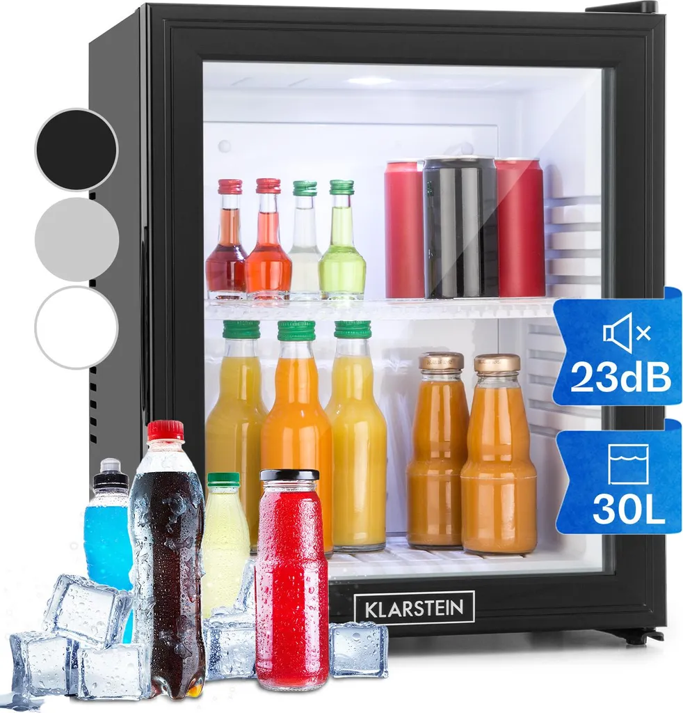 Klarstein Mini Refrigerator with Glass Door, Mini Fridge for Drinks, Snacks & Cosmetics, Small & Quiet Refrigerator, Adjustable Shelves, Small Skincare Refrigerator 12-18°C, 32L