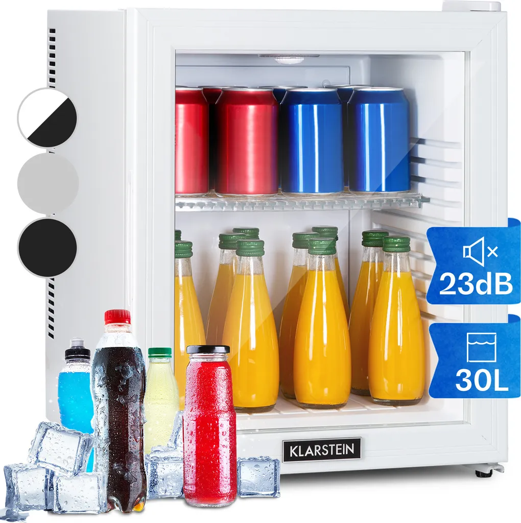 Klarstein Mini Refrigerator with Glass Door, Mini Fridge for Drinks, Snacks & Cosmetics, Small & Quiet Refrigerator, Adjustable Shelves, Small Skincare Refrigerator 12-18°C, 32L