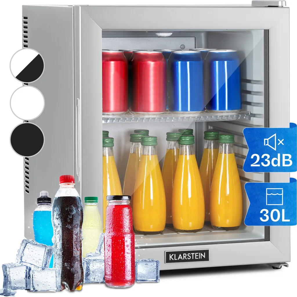 Klarstein Mini Refrigerator with Glass Door, Mini Fridge for Drinks, Snacks & Cosmetics, Small & Quiet Refrigerator, Adjustable Shelves, Small Skincare Refrigerator 12-18°C, 32L