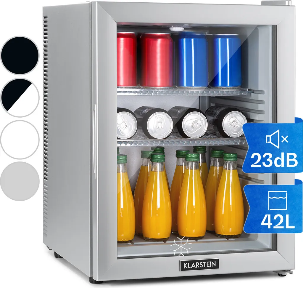 Klarstein Mini Refrigerator with Glass Door, Mini Fridge for Drinks, Snacks & Cosmetics, Small & Quiet Refrigerator, Adjustable Shelves, Small Skincare Refrigerator 12-18°C, 42L