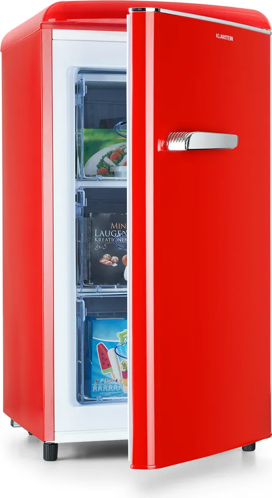 Klarstein Laika Freezer - 60 Liter Total Capacity, 5-Stage Thermostat, 0 to -18 °C, 3 Shelves, Freestanding, Retro Design, Red
