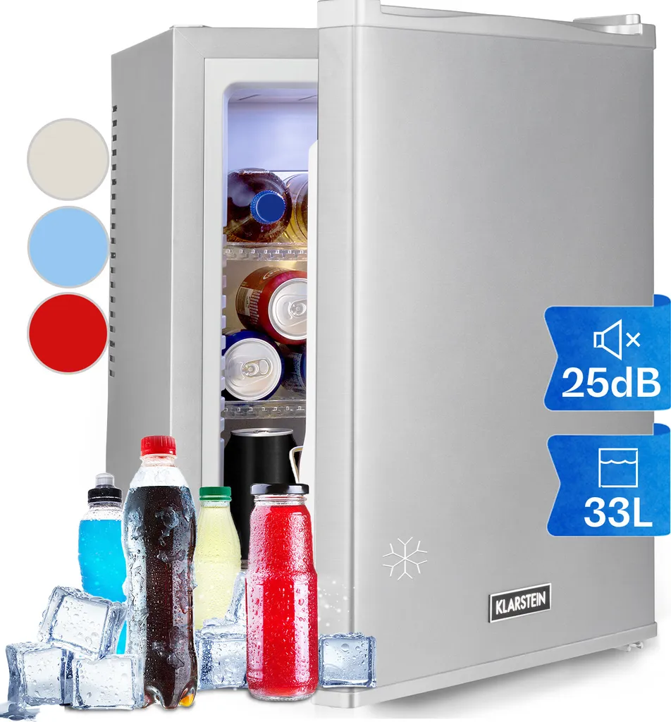 Klarstein Mini Fridge for Rooms, 33L Mini Fridge for Drinks & Cosmetics, Small Minibar, Small & Quiet Fridge, Adjustable Shelf, Small Skincare Fridge 5-15°C