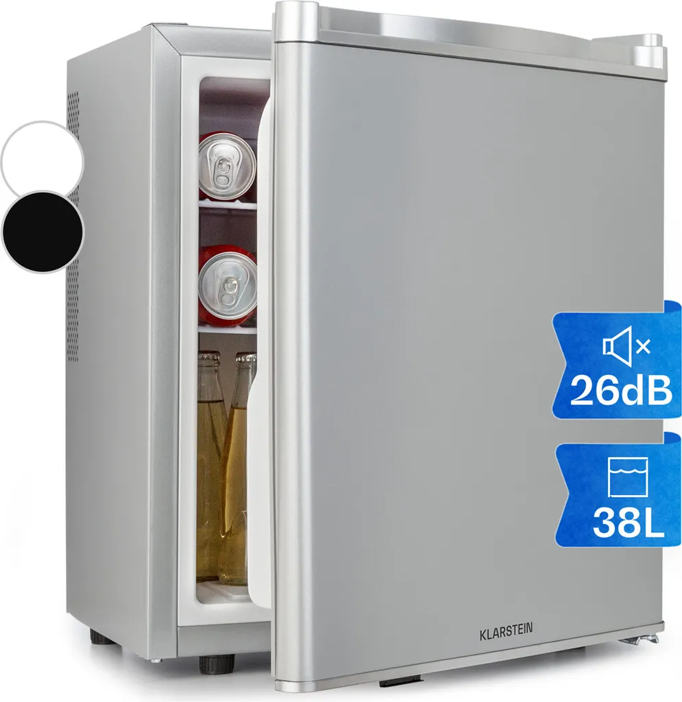 Klarstein Mini Fridge for Rooms, Mini Fridge for Drinks, Snacks & Cosmetics, Small Minibar, Small & Quiet Fridge, Adjustable Shelves, Small Skincar Fridge 6-18°C, 38L