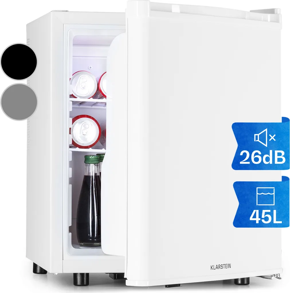 Klarstein Mini Fridge for Rooms, Mini Fridge for Drinks, Snacks & Cosmetics, Small Minibar, Small & Quiet Fridge, Adjustable Shelves, Small Skincar Fridge 6-18°C, 45L