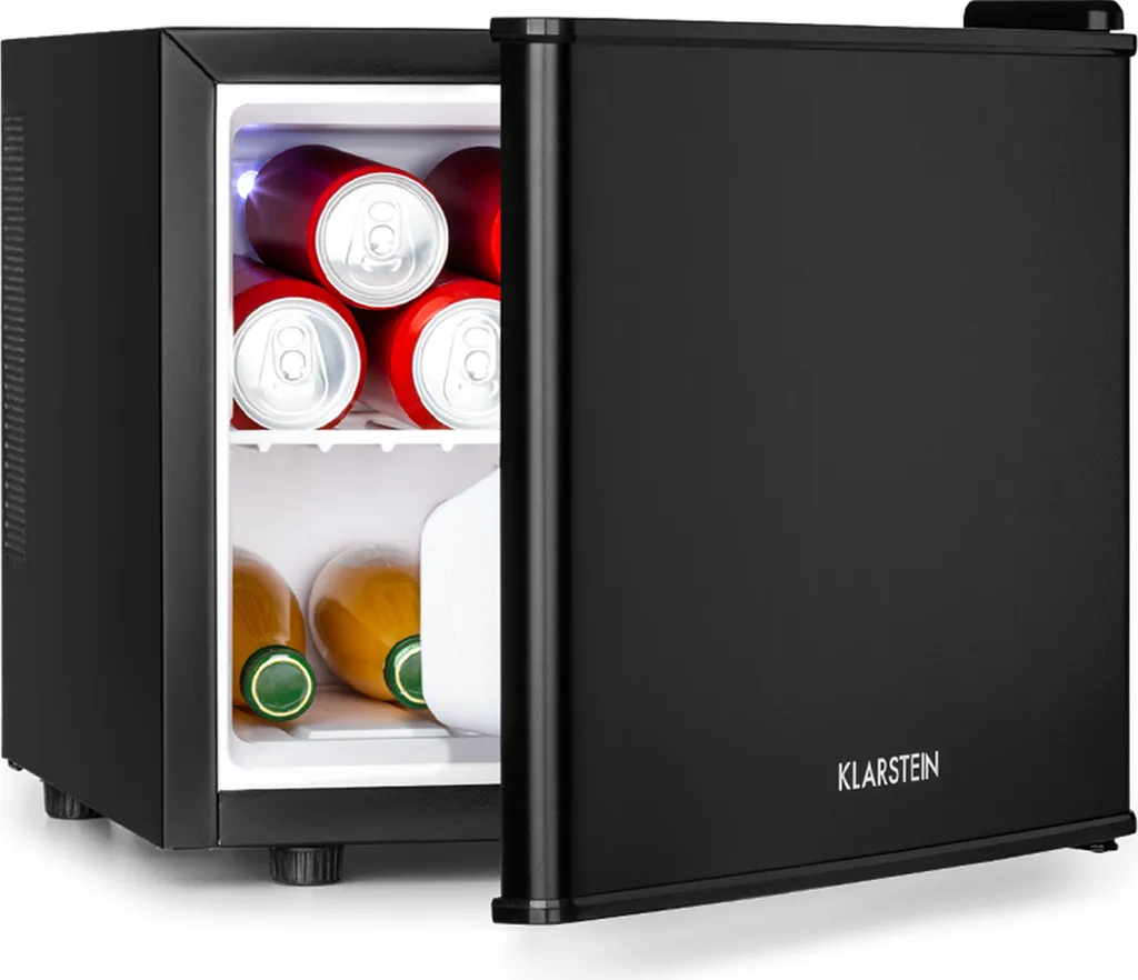 Klarstein Mini Fridge, Quiet, for Room, Camping & Cosmetics, Small Refrigerator, Secret Storage for Drinks & Snacks, Silent Mini Fridge, Mini Refrigerator 4.5-15°C, 17L Minibar, Black