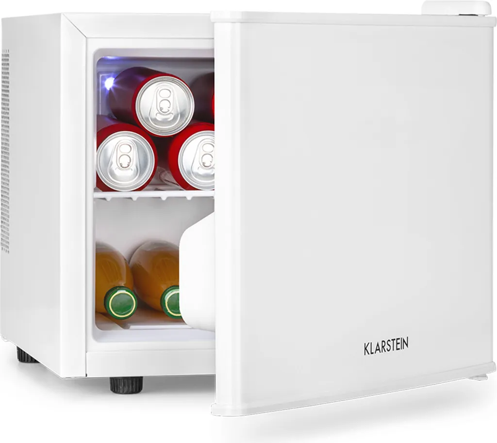 Klarstein Mini Fridge, Quiet, for Room, Camping & Cosmetics, Small Refrigerator, Secret Storage for Drinks & Snacks, Silent Mini Fridge, Mini Refrigerator 4.5-15°C, 17L Minibar, White