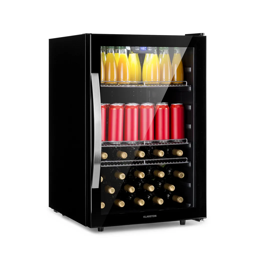 Klarstein Mini Fridge with Glass Door, Mini Fridge for Rooms, Small Beverage Cooler with Adjustable Shelves, Small Fridge 147 Liters, Quiet Indoor/Outdoor Refrigerator