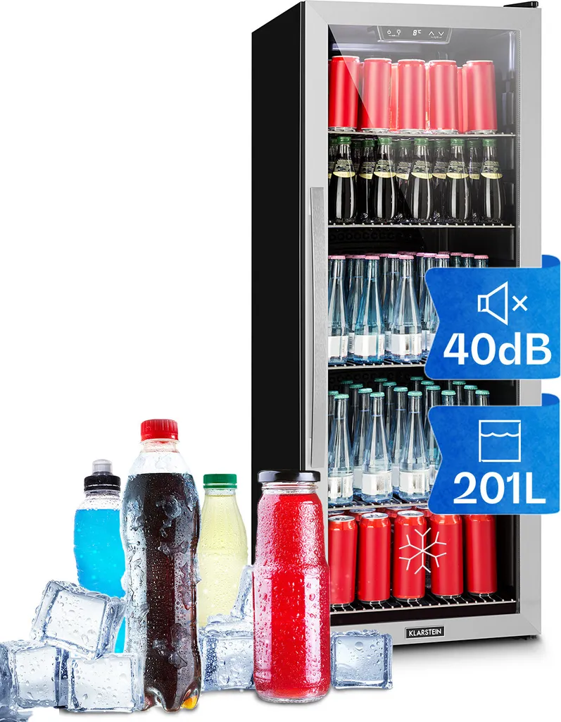 Klarstein Mini Fridge with Glass Door, Mini Fridge for Rooms, Small Beverage Cooler with Adjustable Shelves, Small Fridge 171 Liters, Quiet Indoor/Outdoor Refrigerator