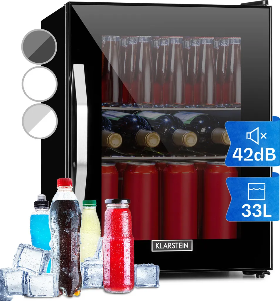Klarstein Mini Fridge with Glass Door, Mini Fridge for Rooms, Small Beverage Cooler with Adjustable Shelves, Small Refrigerator 33 Liters, Quiet Indoor/Outdoor Refrigerator