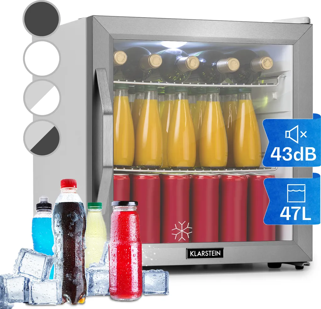 Klarstein Mini Fridge with Glass Door, Mini Fridge for Rooms, Small Beverage Cooler with Adjustable Shelves, Small Fridge 47 Liters, Quiet Indoor/Outdoor Refrigerator