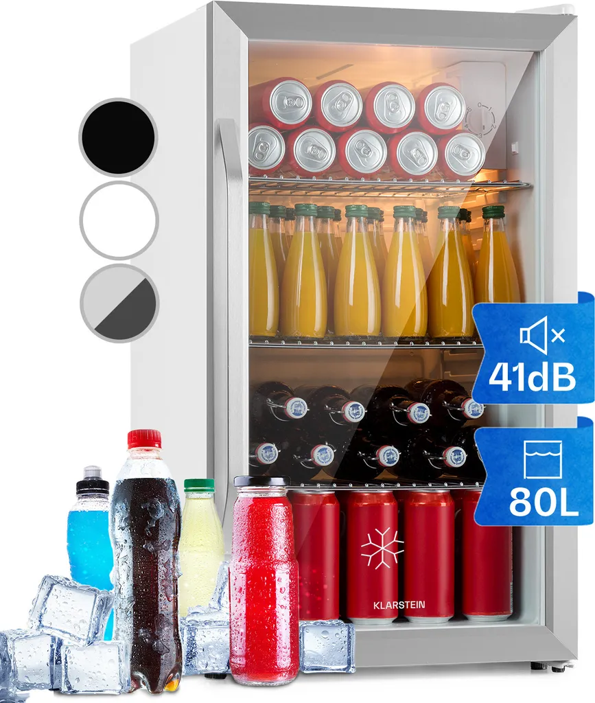 Klarstein Mini Fridge with Glass Door, Mini Fridge for Rooms, Small Beverage Cooler with Adjustable Shelves, Small 80 Liter Refrigerator, Quiet Indoor/Outdoor Refrigerator