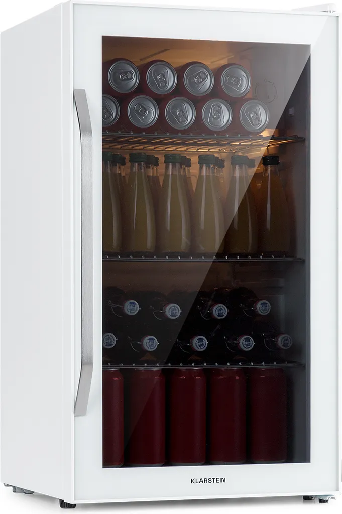 Klarstein Mini Fridge with Glass Door, Mini Fridge for Rooms, Small Beverage Cooler with Adjustable Shelves, Small 80 Liter Refrigerator, Quiet Indoor/Outdoor Refrigerator