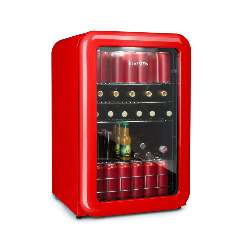 Klarstein PopLife Beverage Cooler - Mini-Bar, Retro Refrigerator, 0-10°C, only 39 dB, 115 L, environmentally friendly, double-glazed door, retro design, red
