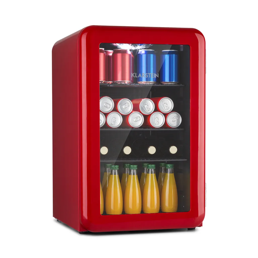 Klarstein PopLife Beverage Cooler - Mini-Bar, Retro Refrigerator, 0-10°C, only 39 dB, 70 L, environmentally friendly, double-glazed door, retro design, red