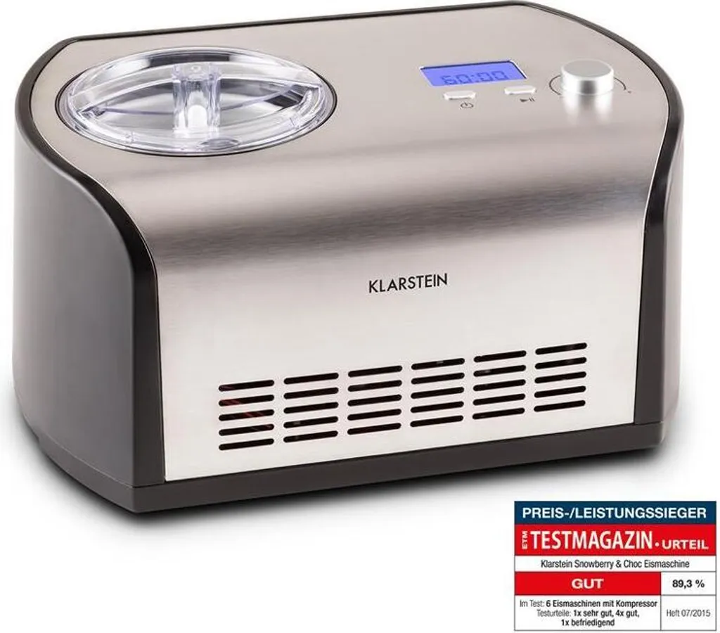 Klarstein Snowberry & Choc - Ice Cream Maker, 135 Watts, 1.2 Liter Capacity, Keep Cool Function, Timer, Preparation Time: 30-40 min, Silver