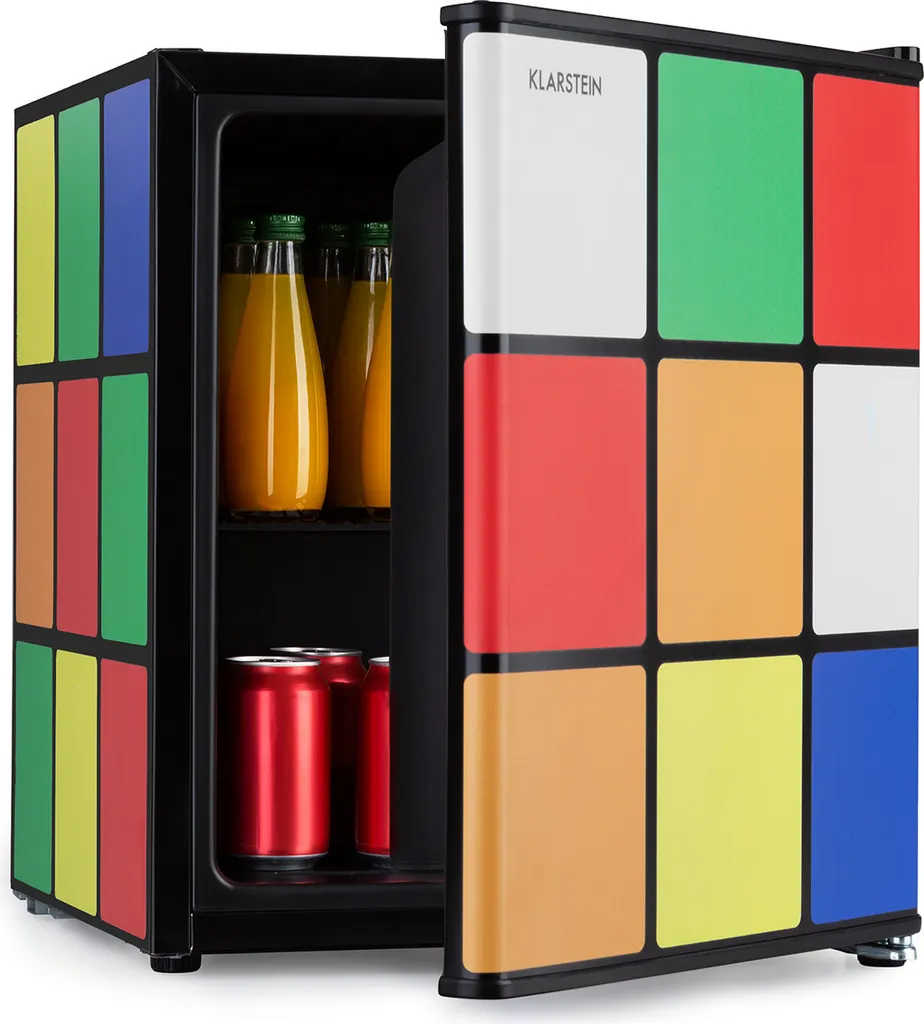 Klarstein Solve - Mini-fridge, minibar, thermoelectric cooling system, 48-liter capacity, mechanical rotary knob, cooling: 0 to 10 °C, black/multicolored