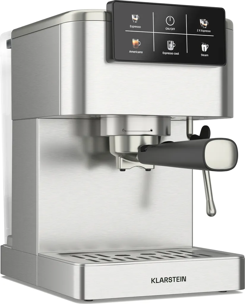Klarstein SteelPresso Touch espresso machine – 20 bar, 1350 W, stainless steel, 1.5 L water tank, touch display, integrated milk frother, compact design, coffee machine