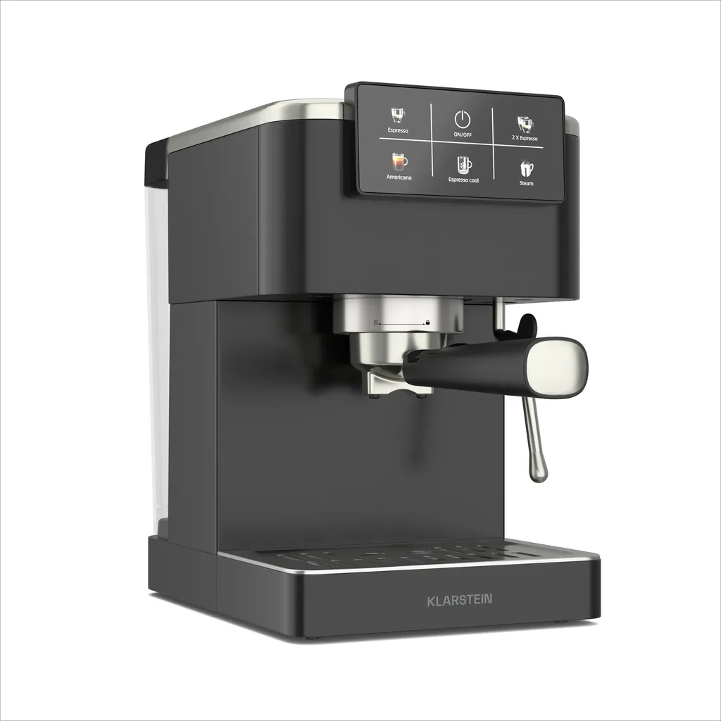 Klarstein SteelPresso Touch espresso machine – 20 bar, 1350 W, stainless steel, 1.5 L water tank, touch display, integrated milk frother, compact design, coffee machine
