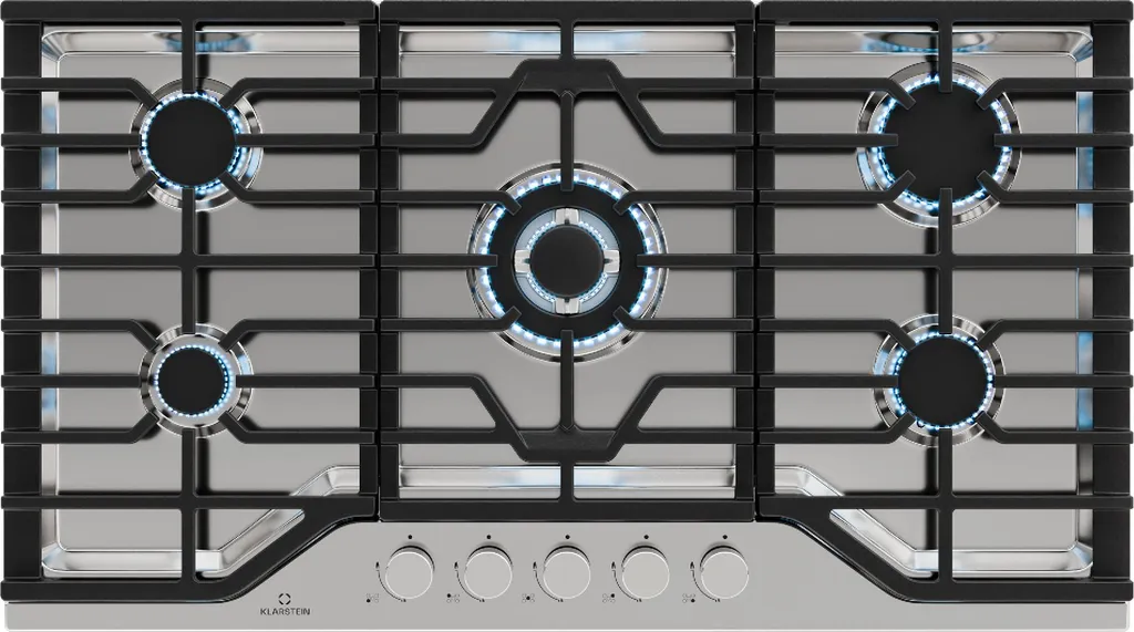 Klarstein Turbocast Gas Hob - 5-Burner Stainless Steel 304, 3.4 kW Wok Burner, Cast Iron Pan Holders, Electric Ignition, Safety Shut-Off, LPG Conversion Kit, Gas Hob