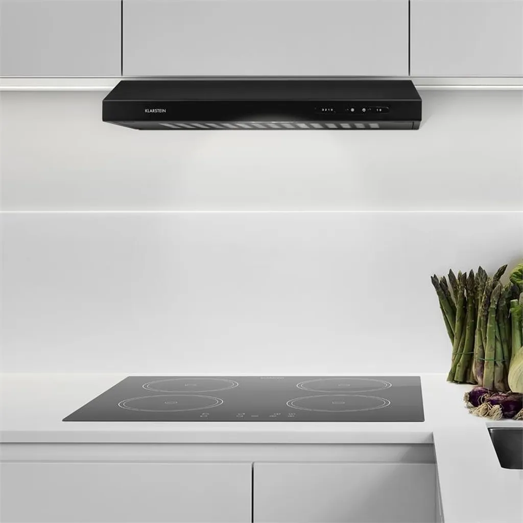 Klarstein UW60BL - Cooker hood, under-cabinet hood, extractor hood, wall-mounted hood, 60 cm, ducted/recirculating operation, up to 210 m³/h max. extraction rate, stainless steel, black