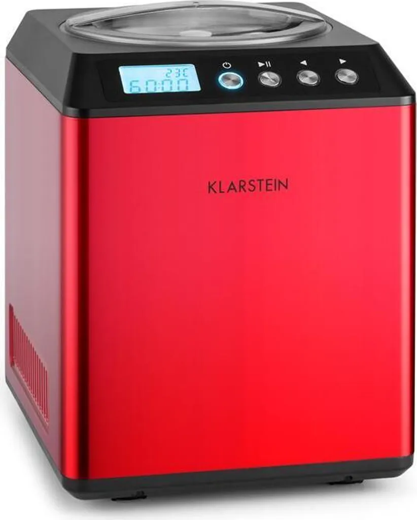 Klarstein Vanilla Sky - Ice Cream Maker, Ice Cream Machine, Keep-Cool Function, LED Display, Timer, Stainless Steel, Easy Cleaning, 180 Watts, 2 Liter Capacity, Red