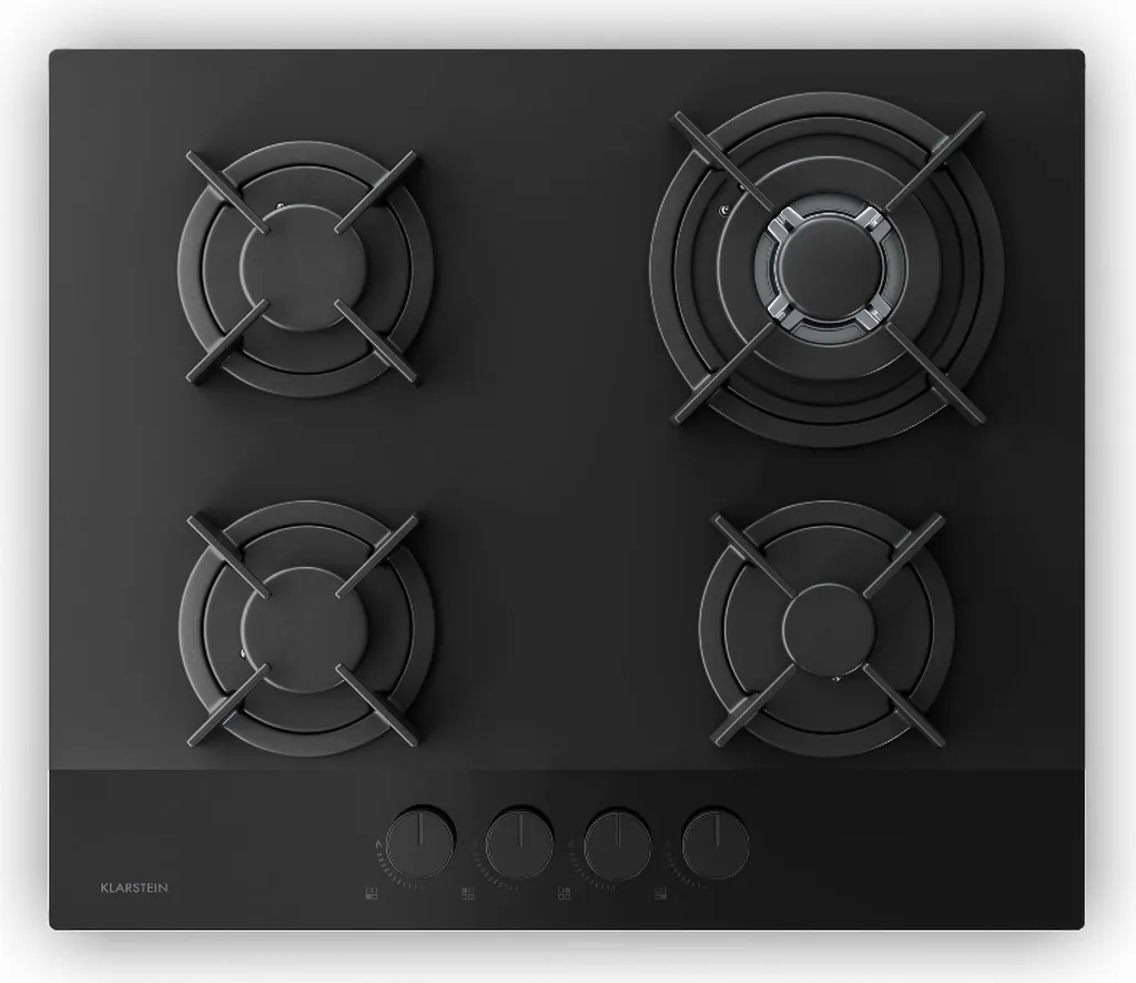 Klarstein Velaire Gas Hob, 4-Burner Glass Gas Cooker, 8000W, 60cm, LPG & CNG, Electric Ignition, Flame Failure Protection, incl. Conversion Kit & Hose Set, Black