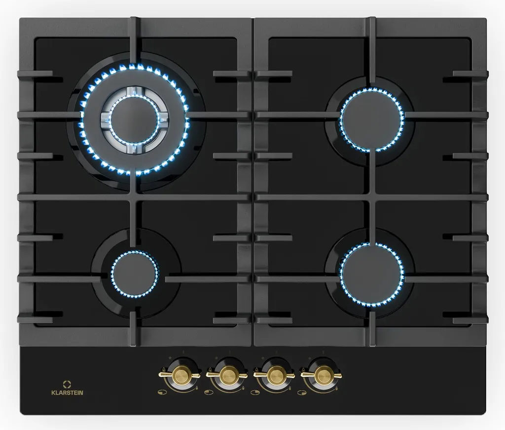 Klarstein Victoria - Gas Hob, Built-in, Sabaf Burner, Natural Gas/Propane, Safety Valves, Automatic Shut-off, Cast Iron Pan Supports, Retro-Look Glass Ceramic, 4 Burners, Black
