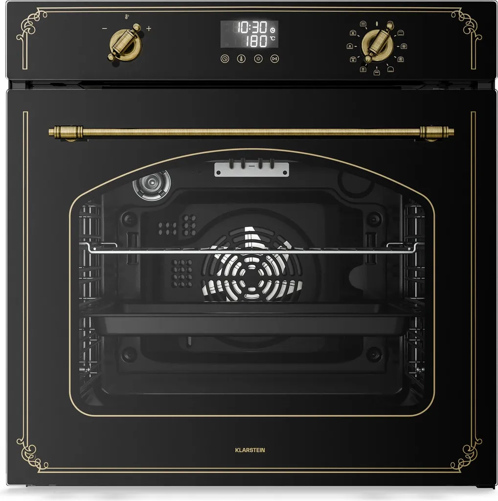 Klarstein Victoria Pyro Built-in Oven 60 cm – 76L, Pyrolytic Cleaning, 11 Functions, Retro Design, Timer, Built-in Oven without Hob, Quadruple Glazing, Enamel Interior, Black