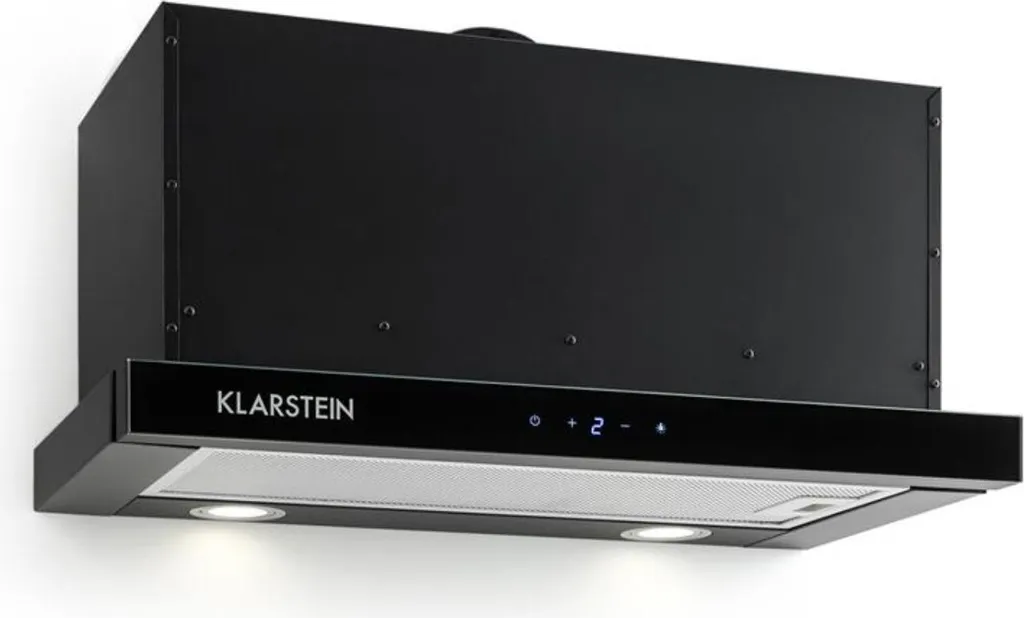 Klarstein Vinea extendable extractor hood with 610m³/h max. extraction rate, flat screen hood, built-in, under-cabinet, 60cm wide extractor hood, ducted/recirculating, lighting, aluminum grease filter, black