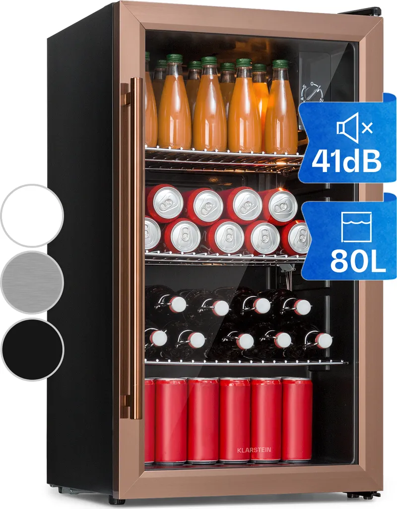 Klarstein XXL Mini Fridge with Glass Door & LED, Mini Fridge for Rooms, Small Beverage Cooler with 3 Shelves, Small 80L Fridge, Indoor/Outdoor Refrigerator, Quiet & Weatherproof, 3-10°C