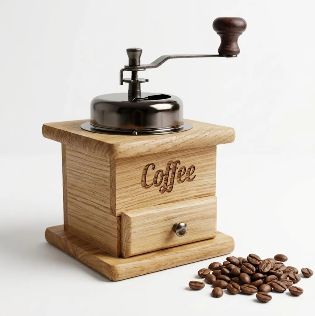 PEEWIT Classic oak hand mill for retro coffee with drawer and adjustment engraving