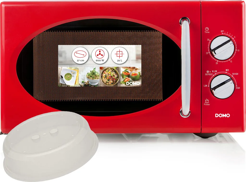 Domo Small 25L microwave in RED, 900 watts, turntable & timer function with cover