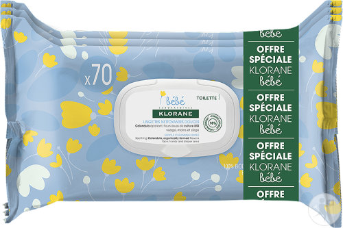 Klorane Baby Cleansing Wipes for Face and Hands Promo Pack of 3 x 70 Pieces