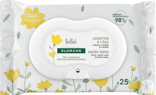 Klorane Baby Cleansing Wipes with Water for Face, Body and Bottom, 25 Count
