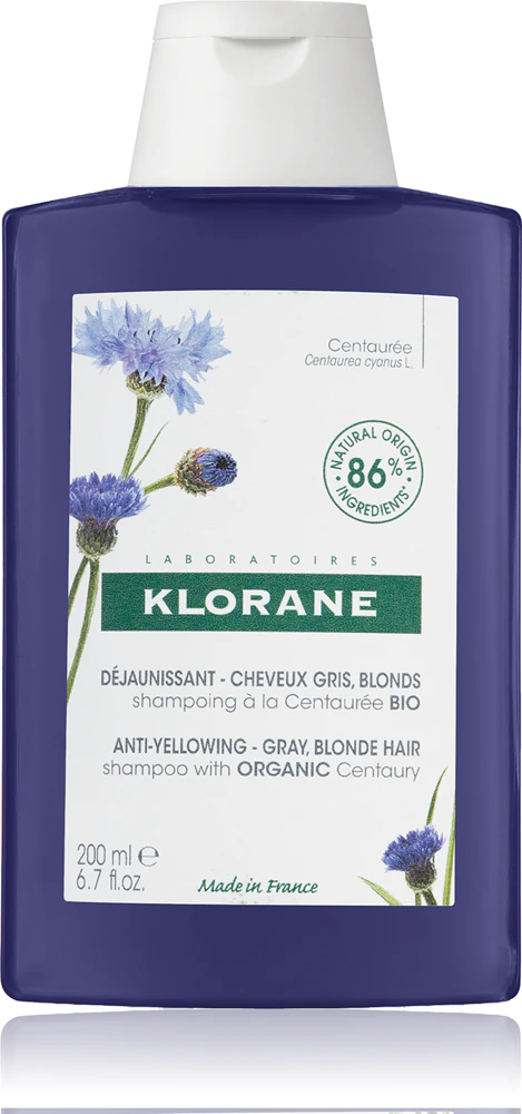 Klorane Cornflower Organic Shampoo neutralizes yellow discoloration