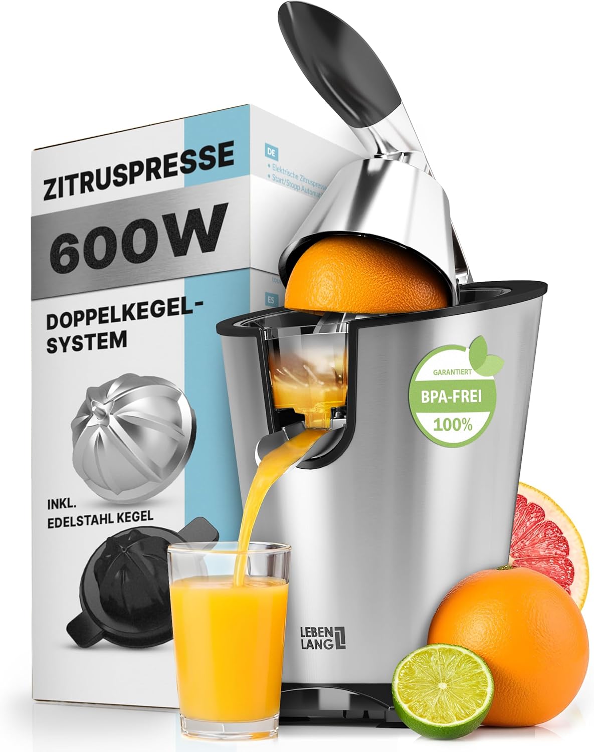 LIFETIME Electric Juicer 600 W – Includes Stainless Steel Cone & BPA-Free I High Yield I Orange Squeezer Citrus Juicer Lemon Squeezer I Orange Juicer Press Lemons