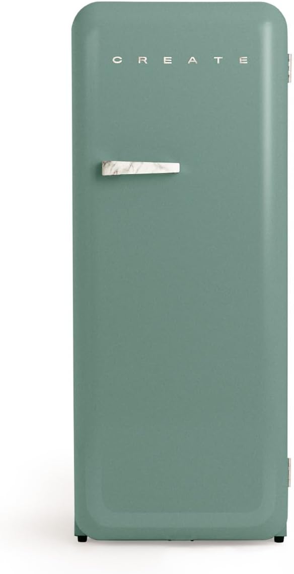 CREATE Retro Friend 150 Marble Fridge Freezer 281 L in Sage Green, Marble Handle / 102 W, Low Energy Consumption, 150 cm, 3 Shelves, Temperature Control, 60 x 60 x 150 cm