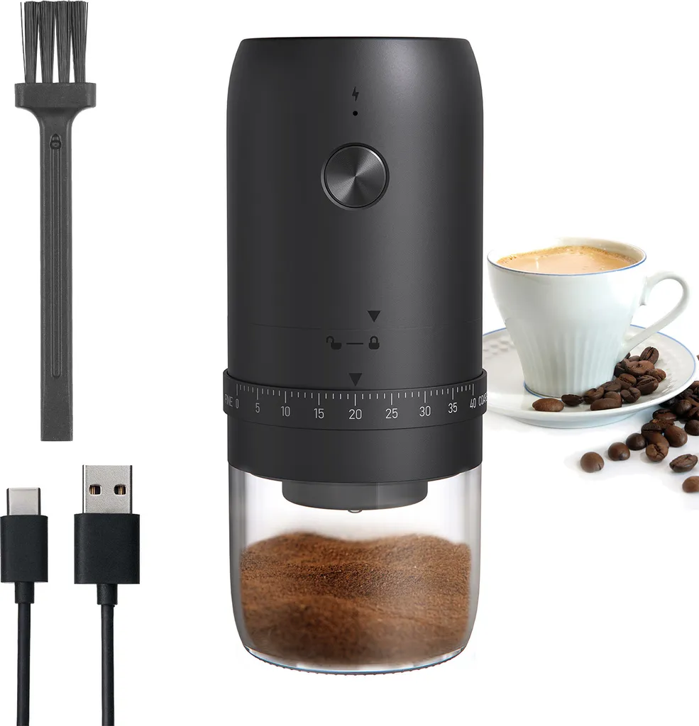 Lixada KMDJ-2AW Portable Coffee Grinder with 40 Grind Settings, 5-Blade Ceramic Conical Burr Grinder, One-Button Start and Auto-Stop, Portable Electric Espresso Grinder with Rechargeable Battery, Transparent Removable Ground Coffee Container